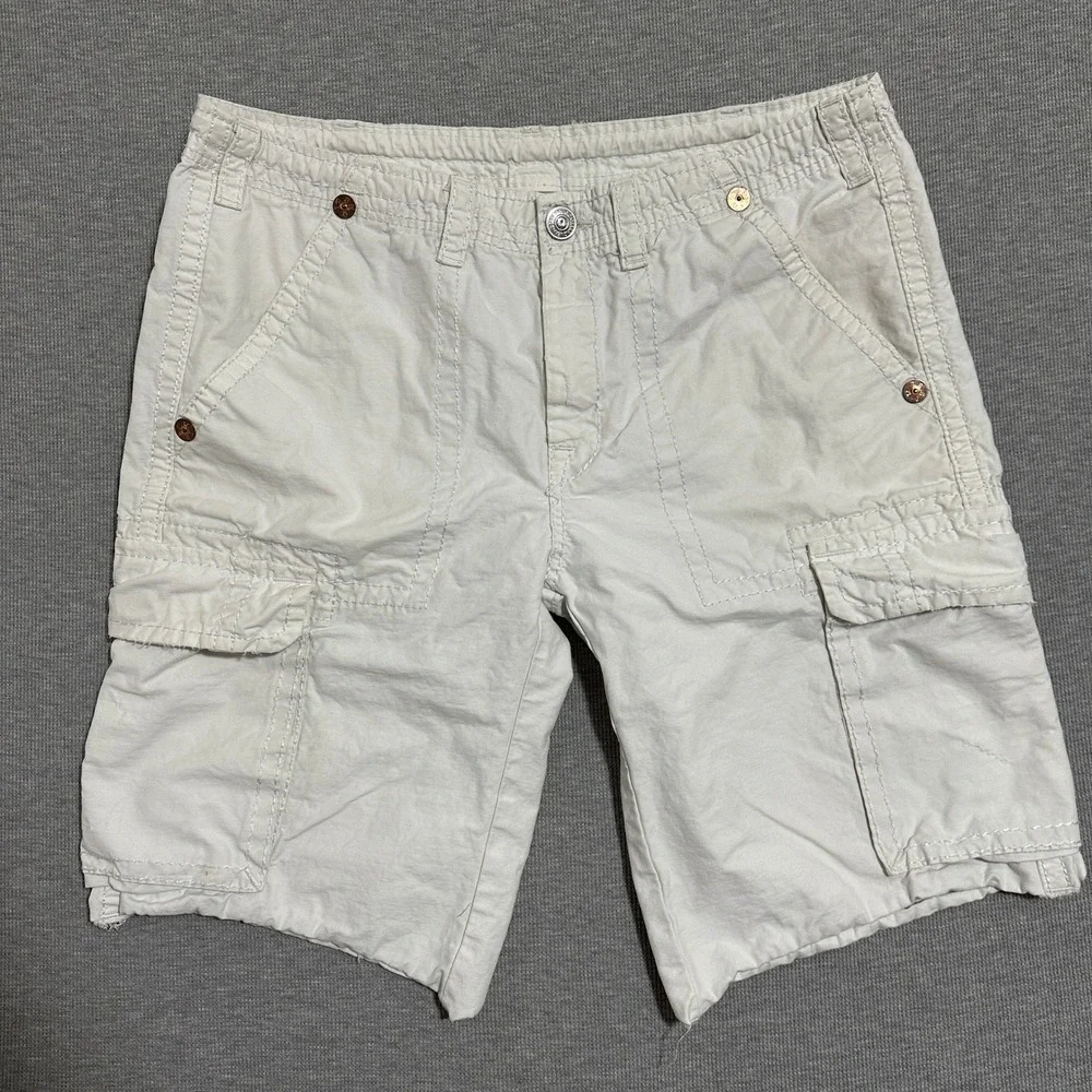 Y2K True Religion Cargo Shorts Mens Size 38 White Contrast Stitch Buddha Logos